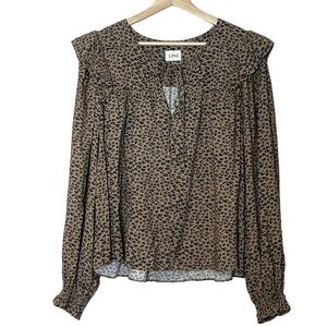 Lini Womens Ruffle Animal Print Balloon Sleeve Blouse Size L Brown Relaxed Fit